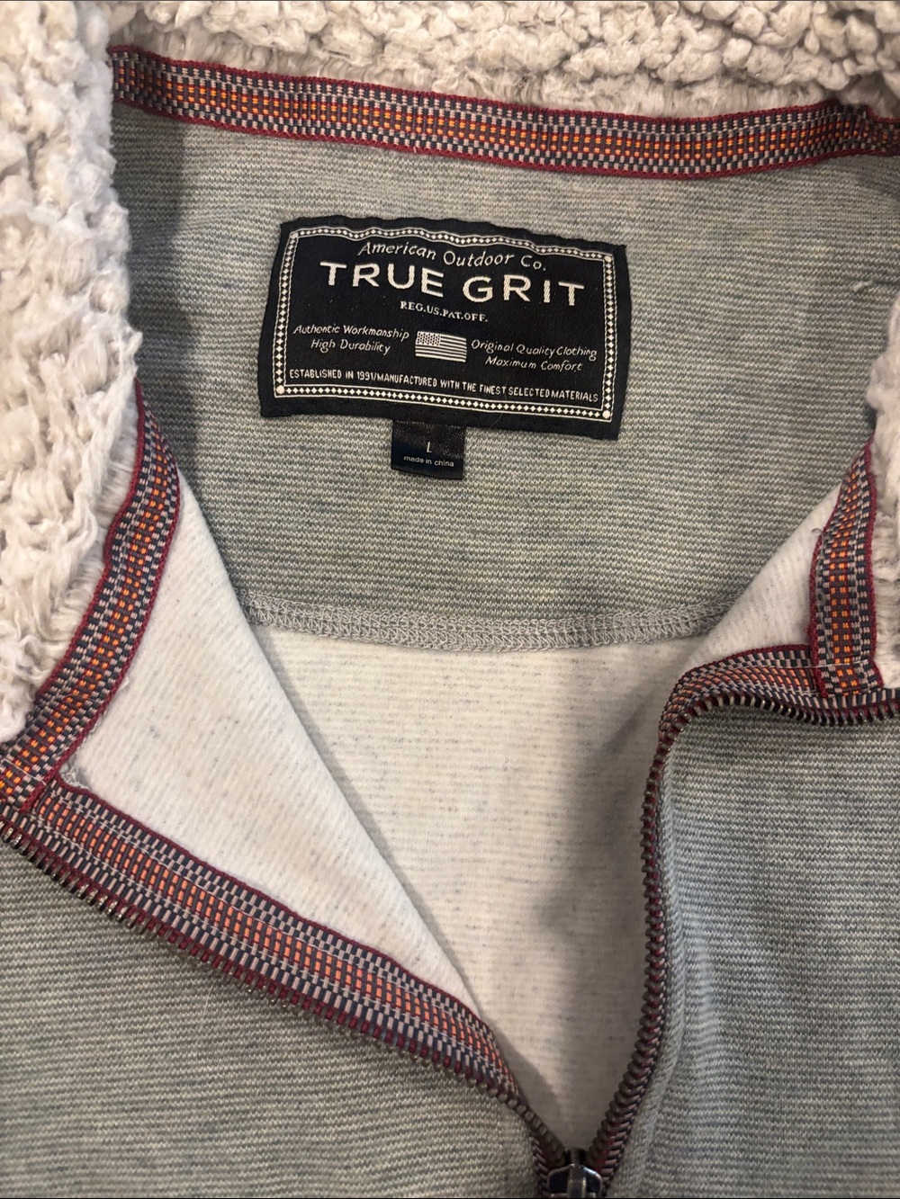True Grit Light Gray Sherpa Zip Hoodie with Red-Orange Trim